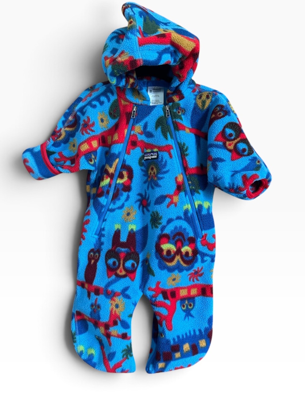 Patagonia Bright Blue Fleece Hooded One-Piece with Owl Print